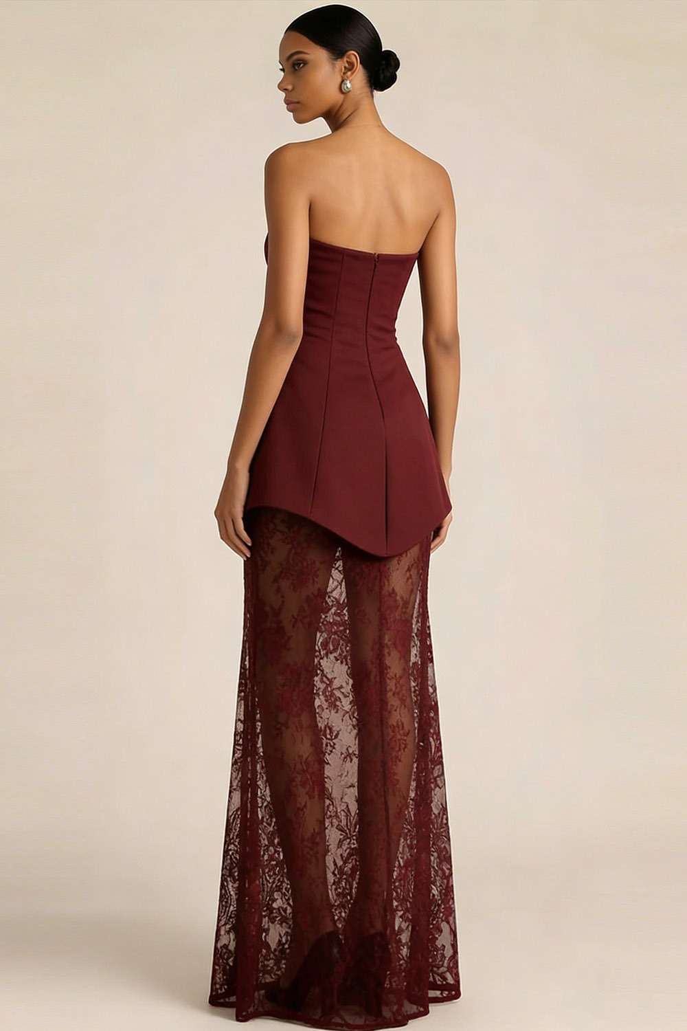 Burgundy Evening Formal Dress A-Line Strapless Lace Maxi Dress