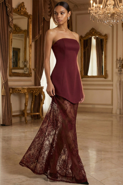Burgundy Evening Formal Dress A-Line Strapless Lace Maxi Dress
