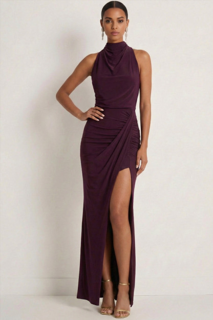 Dark Purple Formal Evening Dress Halter Chiffon Maxi Dress with Slit