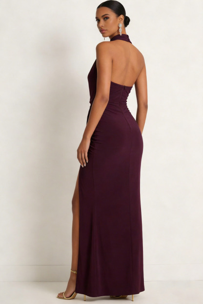 Dark Purple Formal Evening Dress Halter Chiffon Maxi Dress with Slit