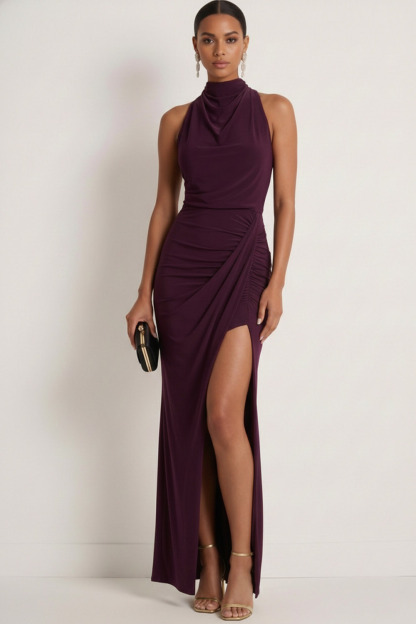 Dark Purple Formal Evening Dress Halter Chiffon Maxi Dress with Slit