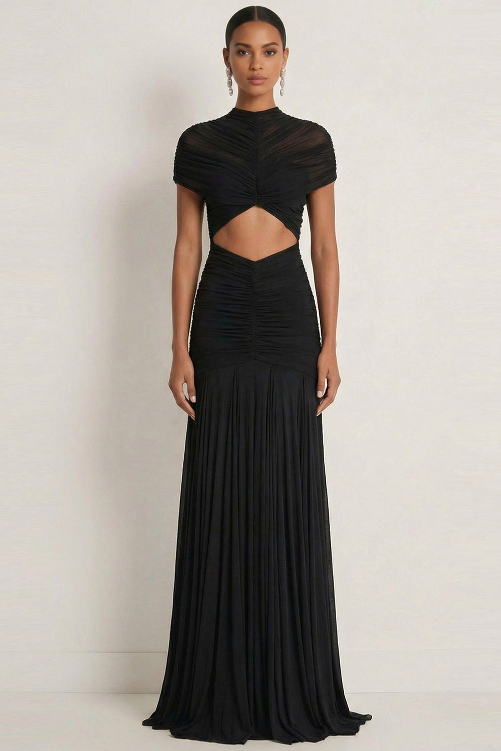 Black Formal Evening Dress A-Line Hollow Out Pleated Chiffon Maxi Dress
