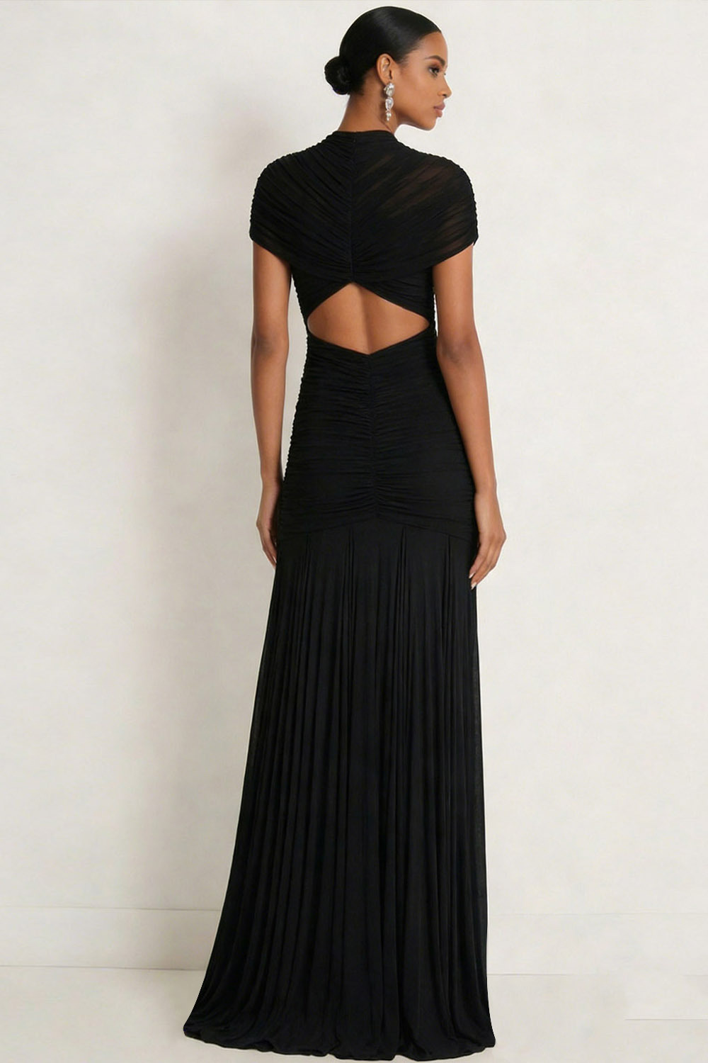 Black Formal Evening Dress A-Line Hollow Out Pleated Chiffon Maxi Dress