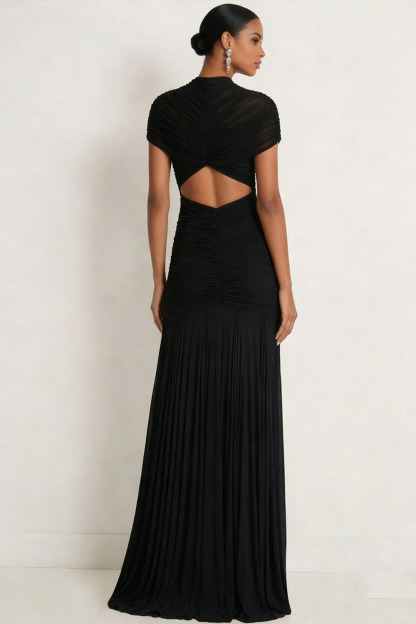 Black Formal Evening Dress A-Line Hollow Out Pleated Chiffon Maxi Dress