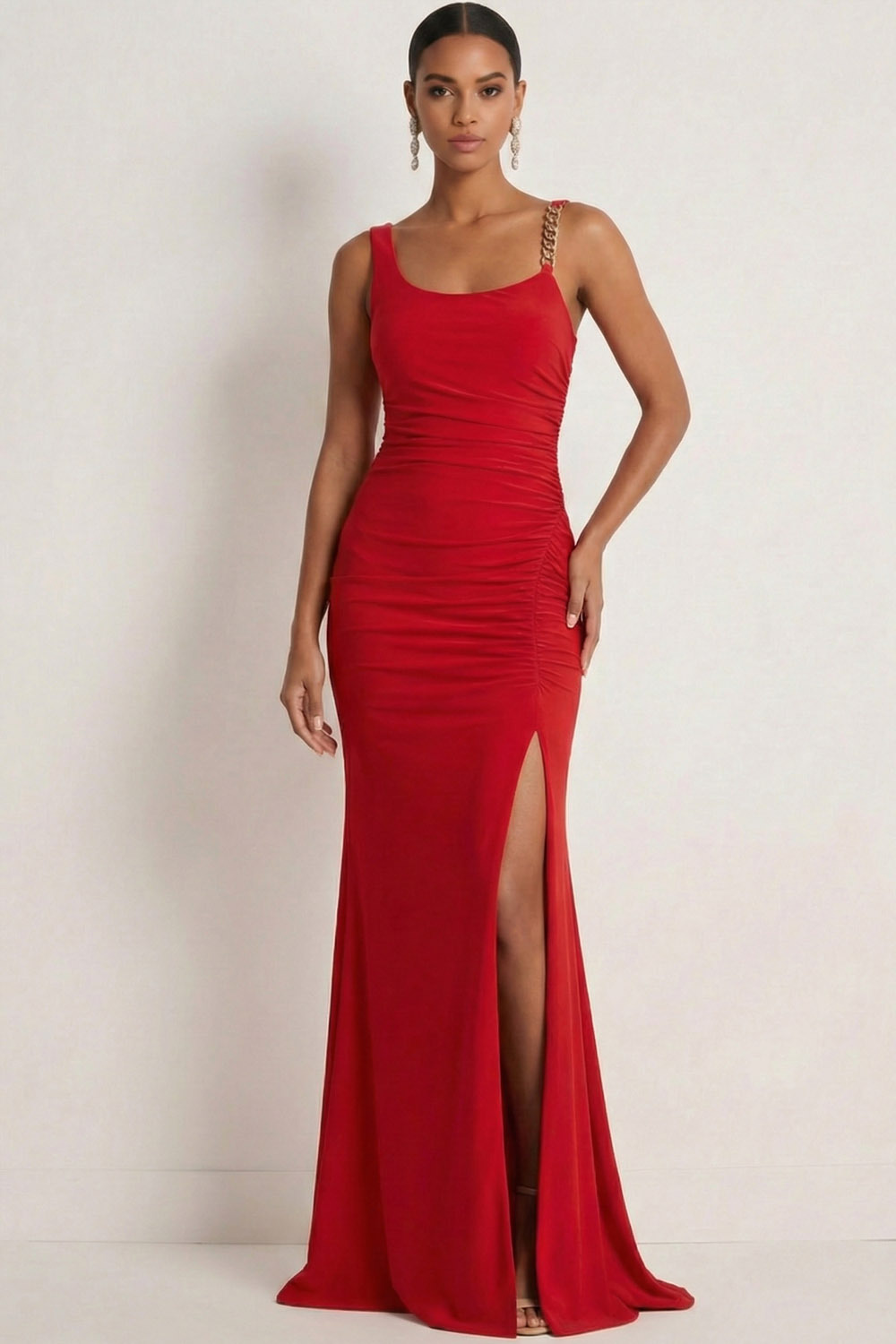 Red Formal Evening Dress Mermaid Spaghetti Straps Chiffon Maxi Dress with Slit