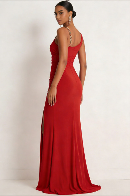 Red Formal Evening Dress Mermaid Spaghetti Straps Chiffon Maxi Dress with Slit