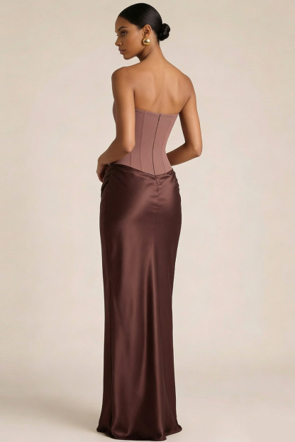 Brown Formal Evening Dress Sheath Strapless Corset Satin Maxi Dress 