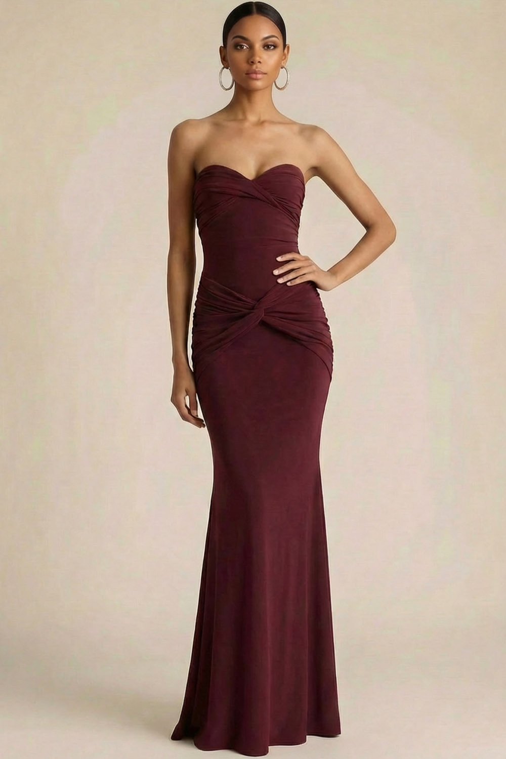 Burgundy Formal Evening Dress Mermaid Sweetheart Ruched Chiffon Maxi Dress