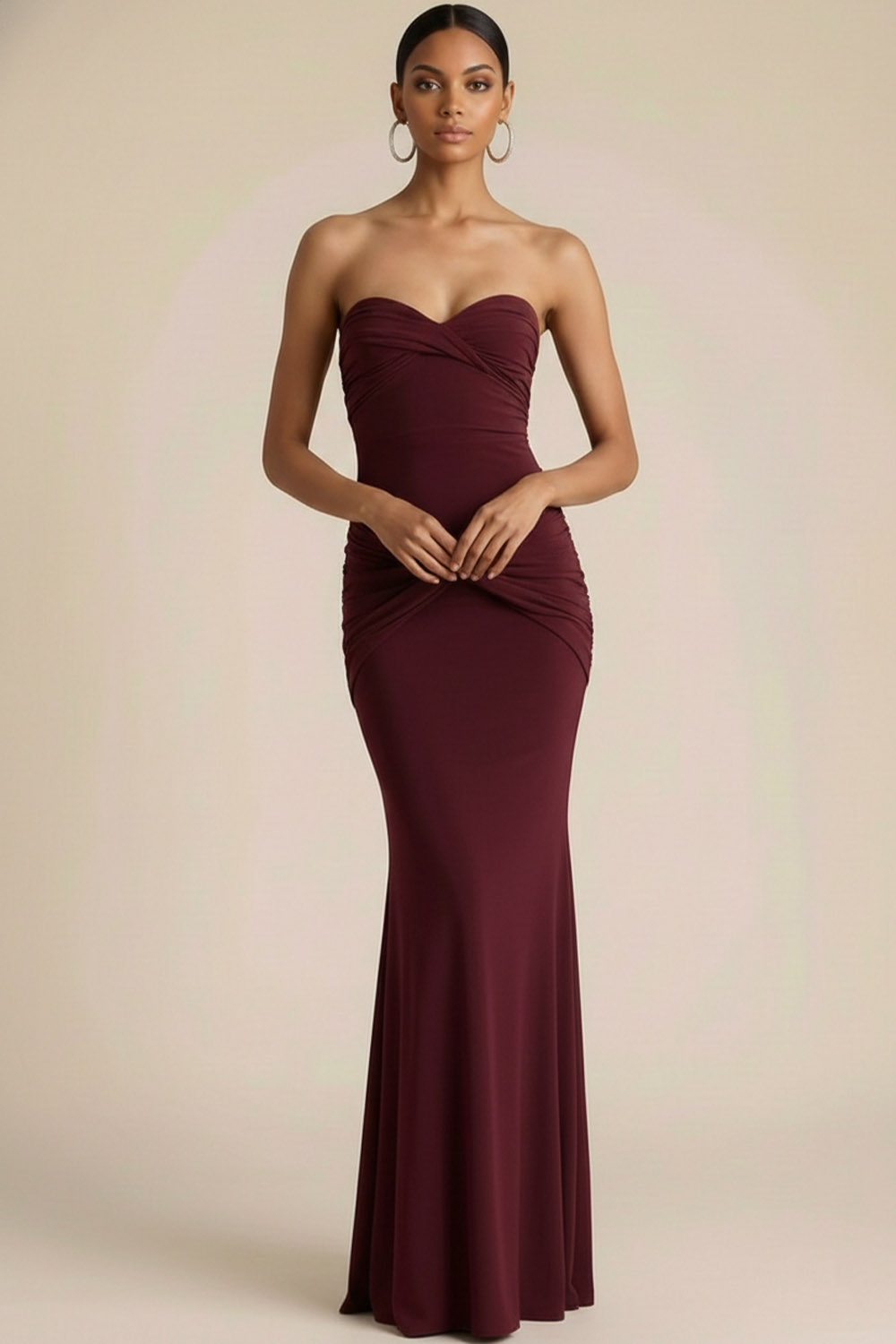 Burgundy Formal Evening Dress Mermaid Sweetheart Ruched Chiffon Maxi Dress 