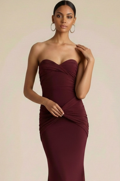 Burgundy Formal Evening Dress Mermaid Sweetheart Ruched Chiffon Maxi Dress 