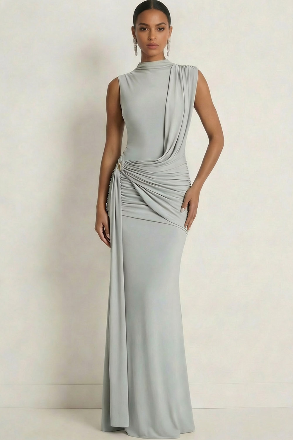Grey Blue Formal Dress Mermaid High Neck Ruched Chiffon Maxi Dress 