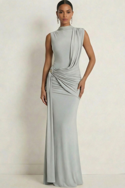 Grey Blue Formal Dress Mermaid High Neck Ruched Chiffon Maxi Dress 