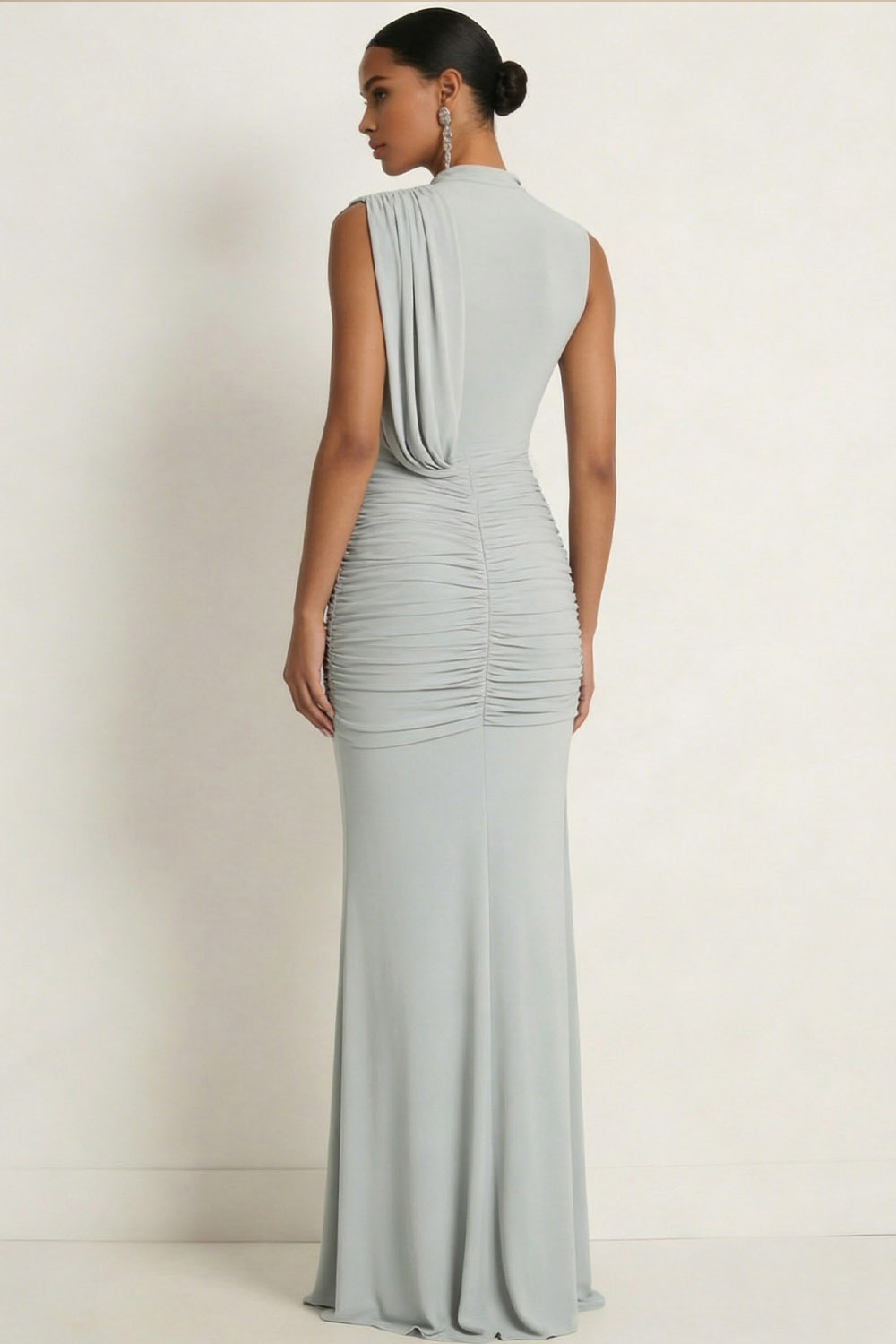 Grey Blue Formal Dress Mermaid High Neck Ruched Chiffon Maxi Dress 