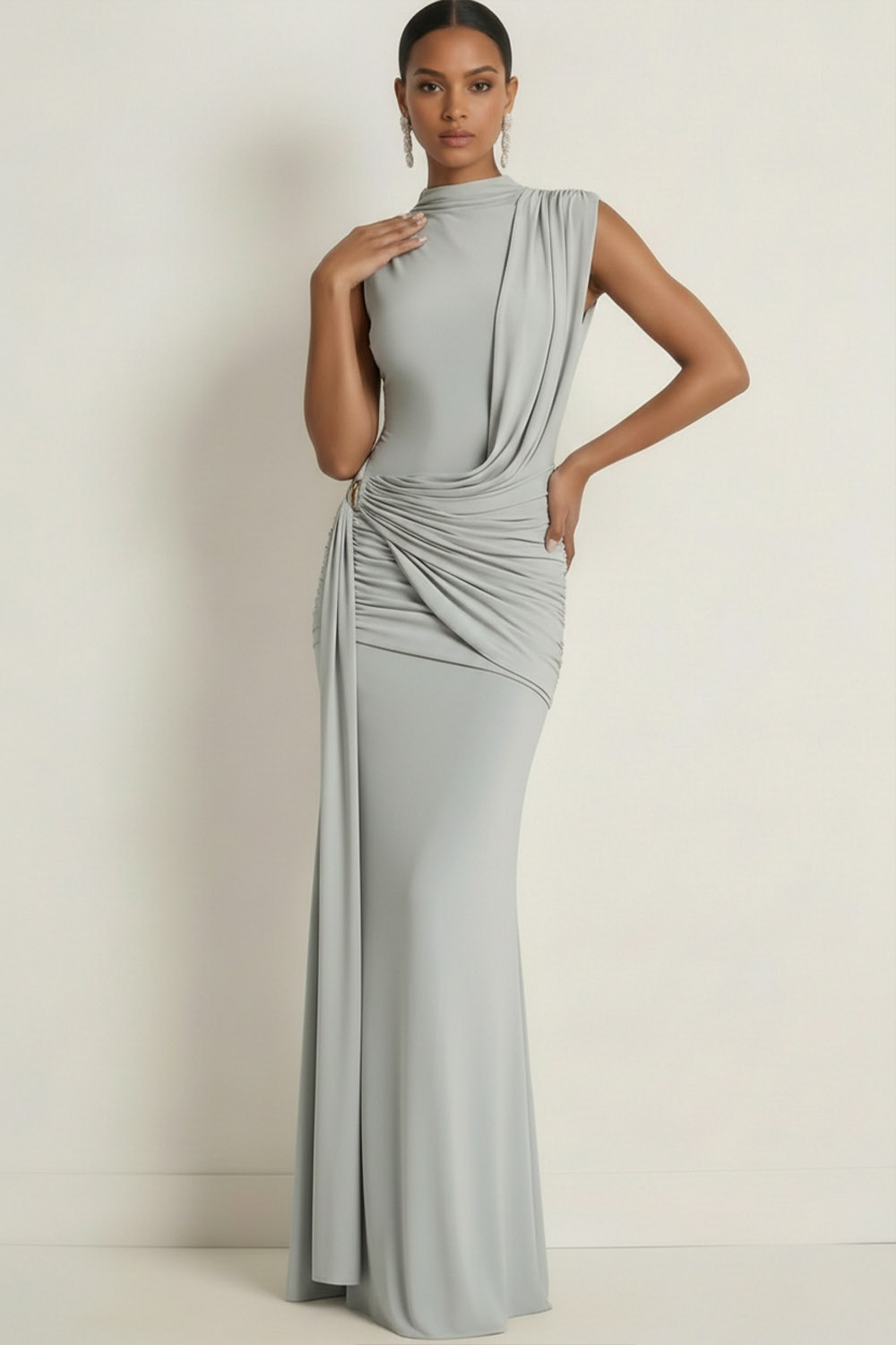 Grey Blue Formal Dress Mermaid High Neck Ruched Chiffon Maxi Dress