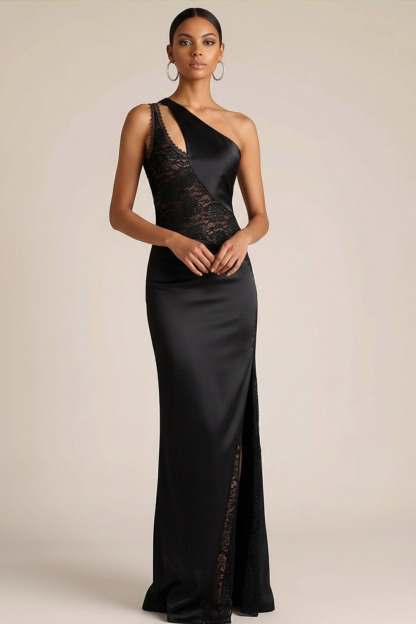 Black Formal Evening Dress One Shoulder Satin Slit Maxi Dress with Lace