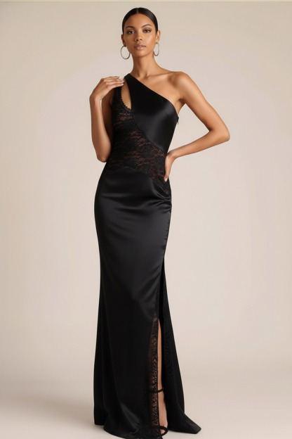 Black Formal Evening Dress One Shoulder Satin Slit Maxi Dress with Lace