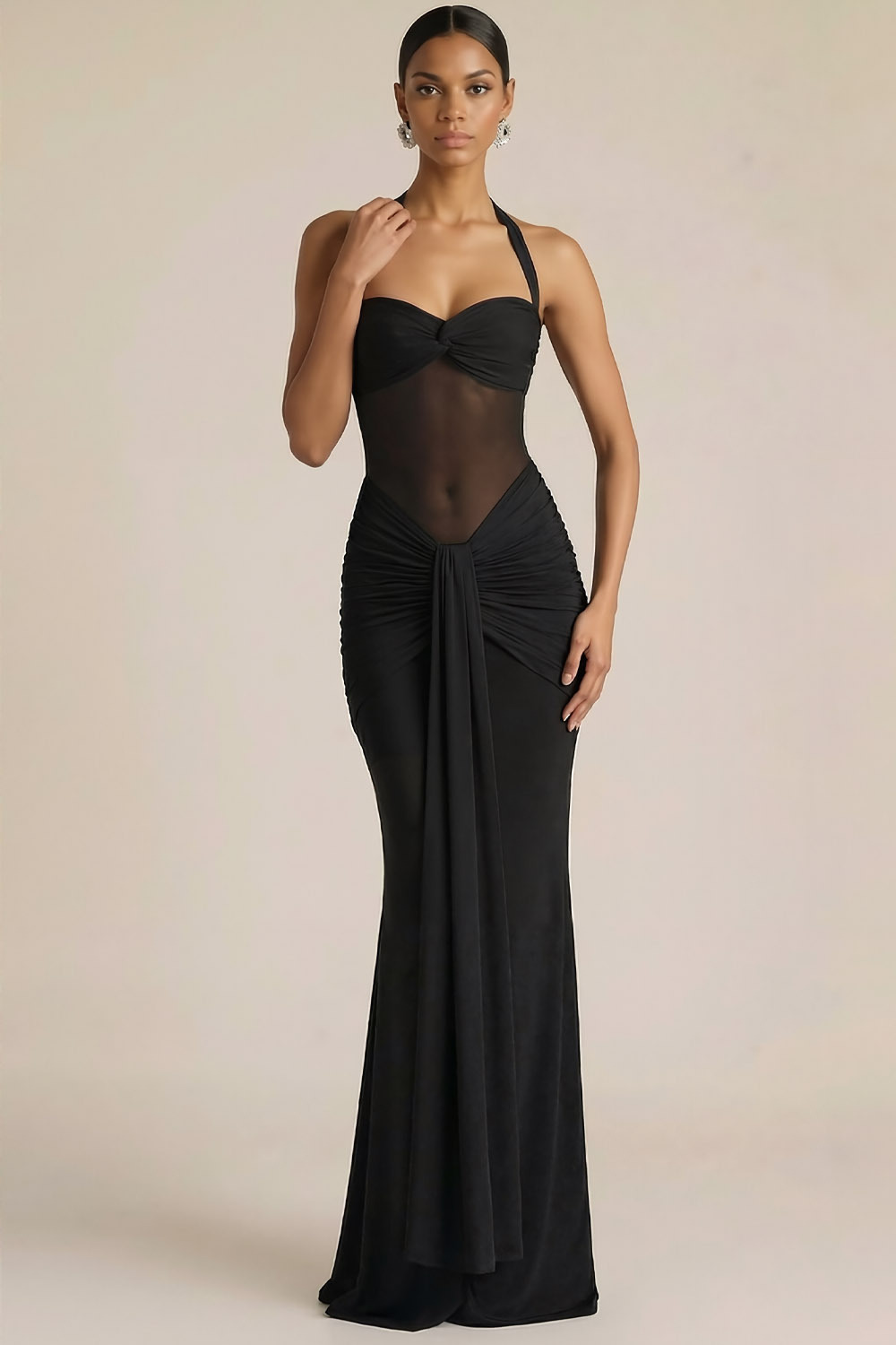 Black Formal Evening Dress Mermaid Halter Waist Cape Chiffon Maxi Dress