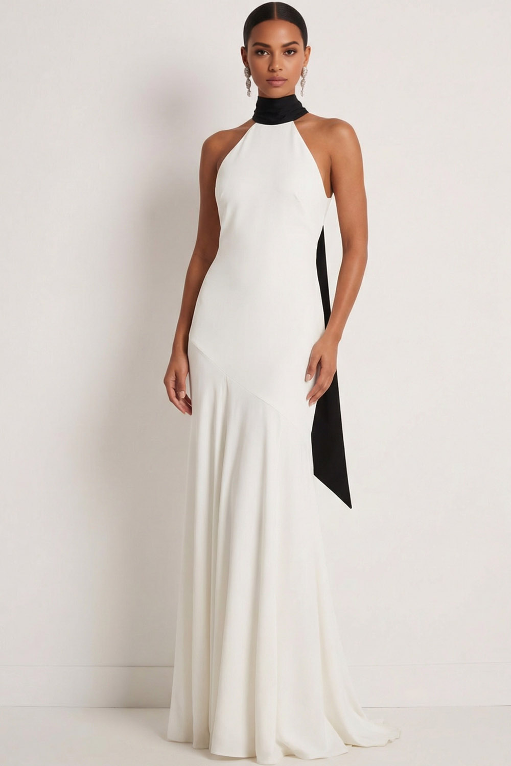 White Formal Evening Dress Mermaid Halter Chiffon Maxi Dress with Scarf