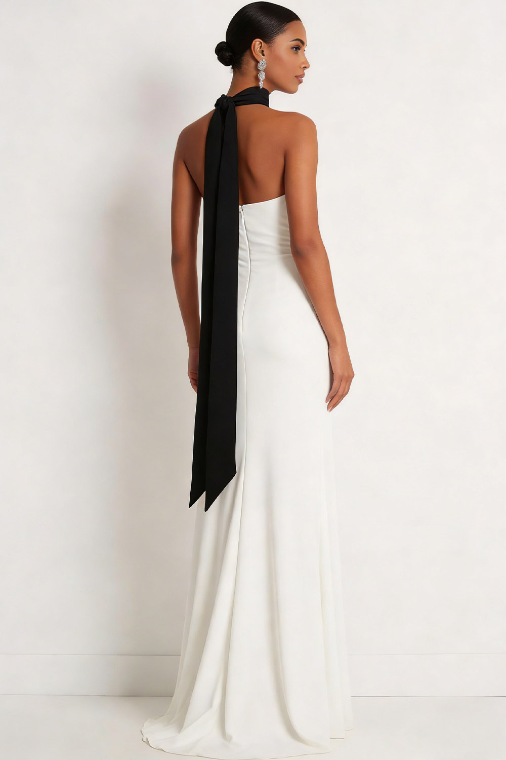 White Formal Evening Dress Mermaid Halter Chiffon Maxi Dress with Scarf
