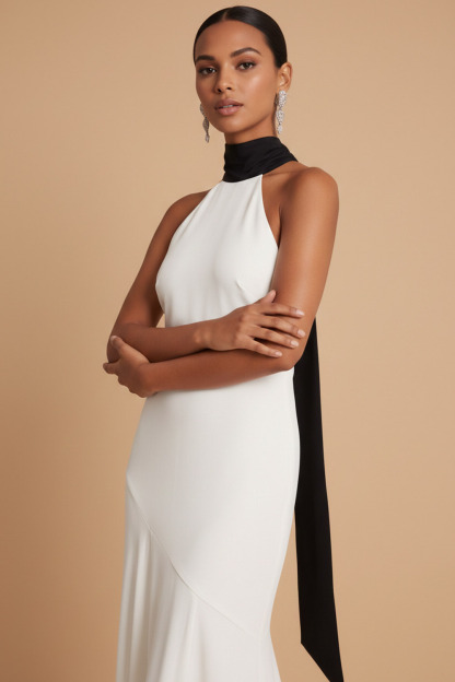 White Formal Evening Dress Mermaid Halter Chiffon Maxi Dress with Scarf