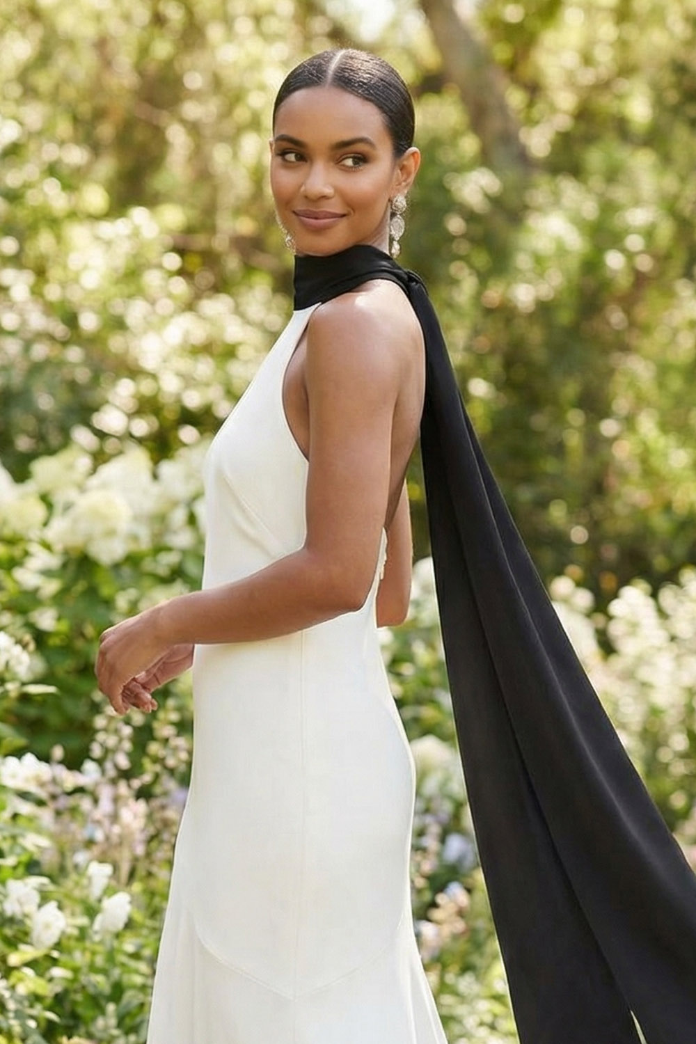 White Formal Evening Dress Mermaid Halter Chiffon Maxi Dress with Scarf