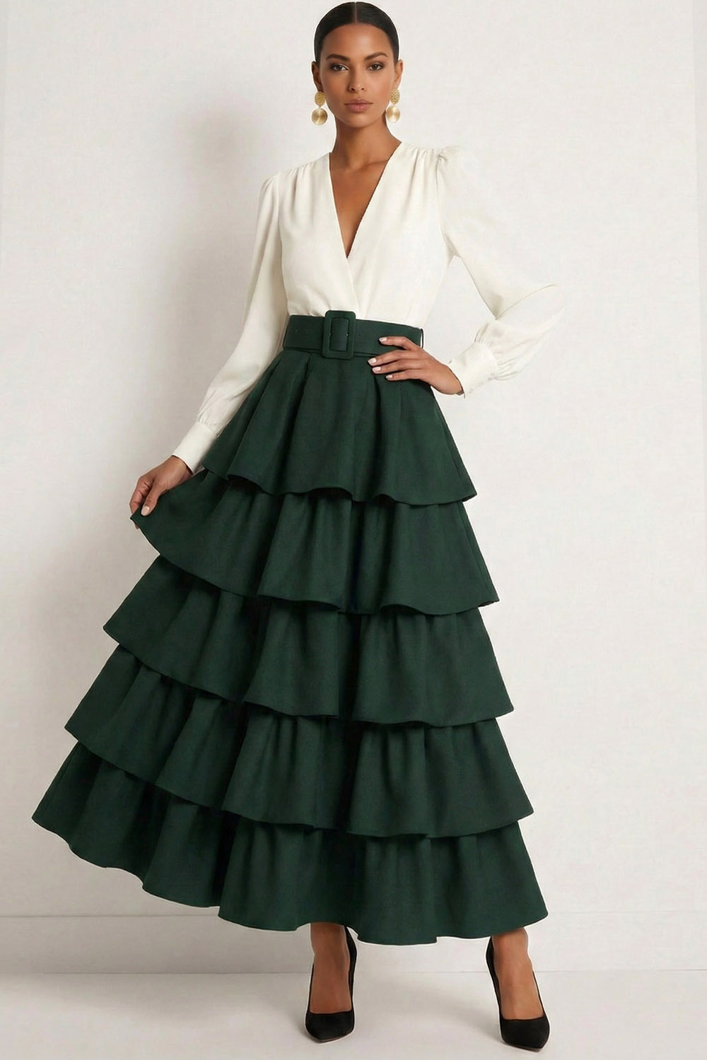 Dark Green Formal Evening Dress A-Line V-Neck Tiered Maxi Dress 