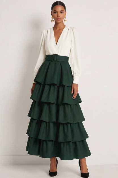 Dark Green Formal Evening Dress A-Line V-Neck Tiered Maxi Dress 
