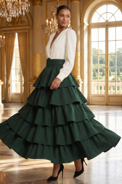 Dark Green Formal Evening Dress A-Line V-Neck Tiered Maxi Dress 