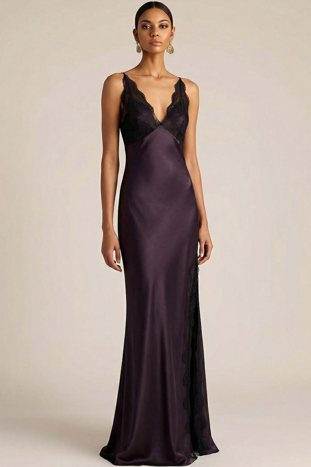 Dark Purple Formal Evening Dress Spaghetti Straps Satin Maxi Dress with Slit