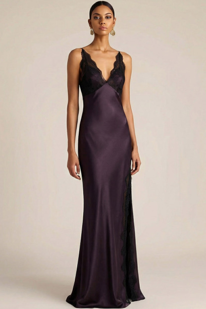 Dark Purple Formal Evening Dress Spaghetti Straps Satin Maxi Dress with Slit