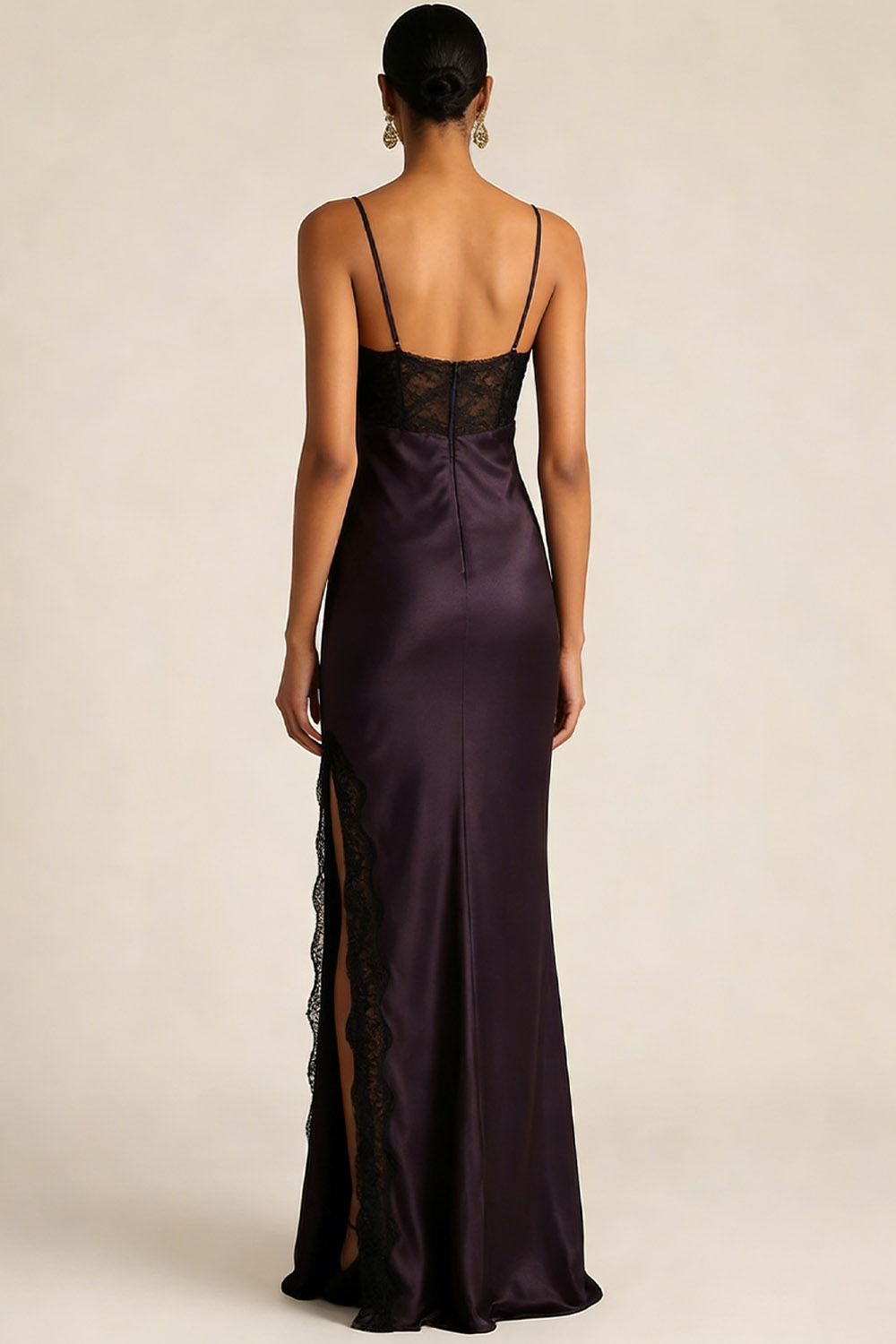Dark Purple Formal Evening Dress Spaghetti Straps Satin Maxi Dress with Slit
