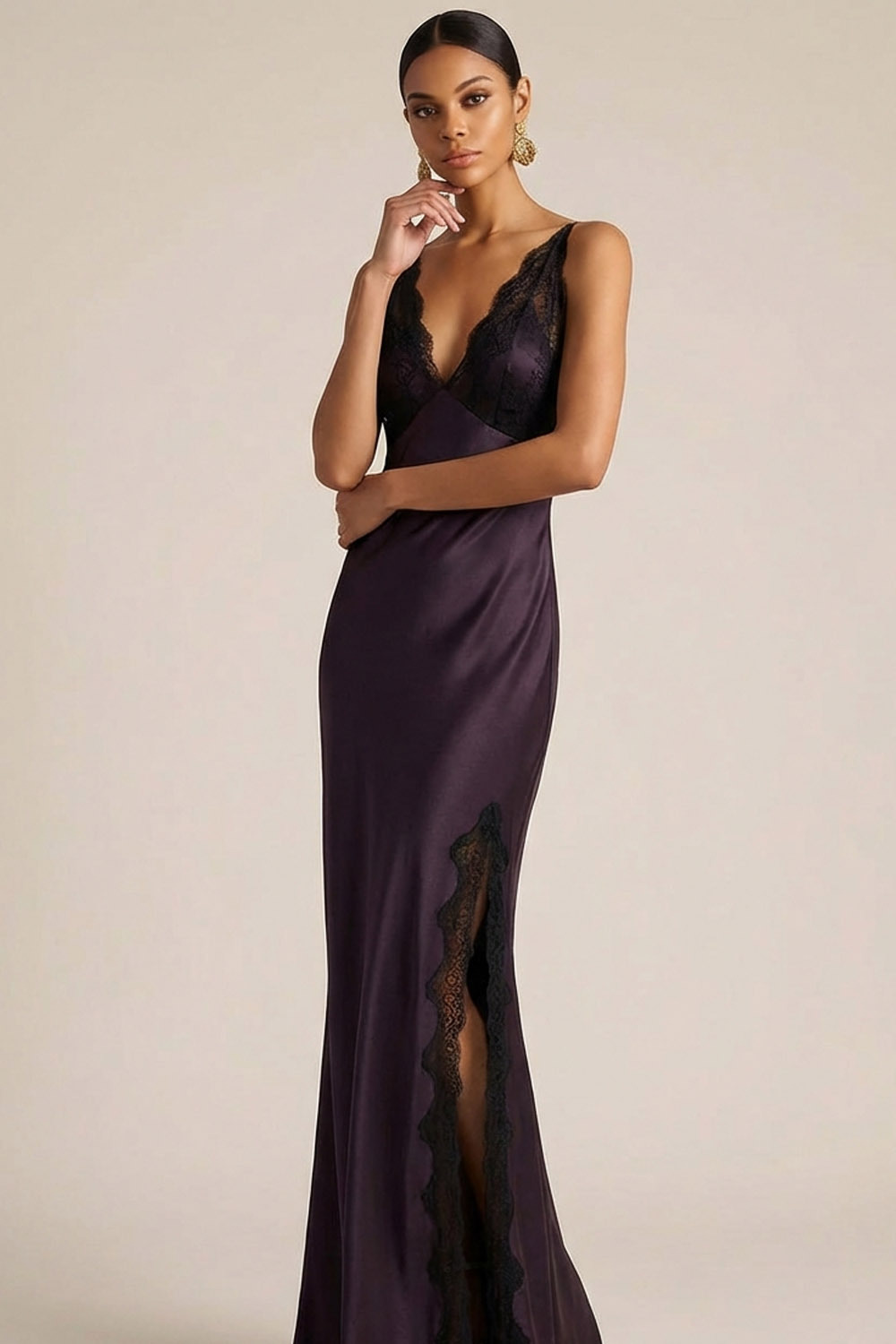 Dark Purple Formal Evening Dress Spaghetti Straps Satin Maxi Dress with Slit