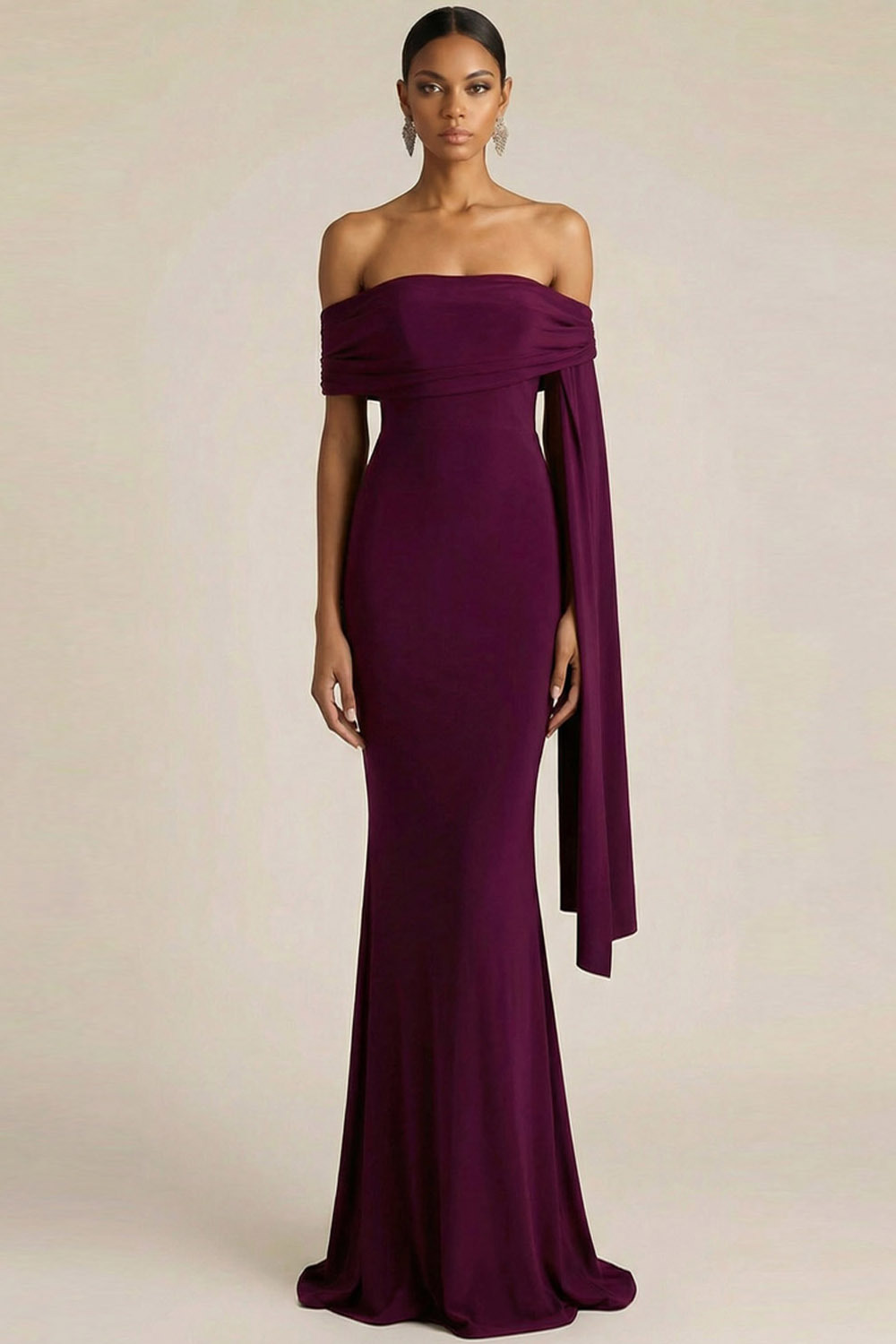 Purplish Red Formal Dress Mermaid Off the Shoulder Cape Chiffon Maxi Dress