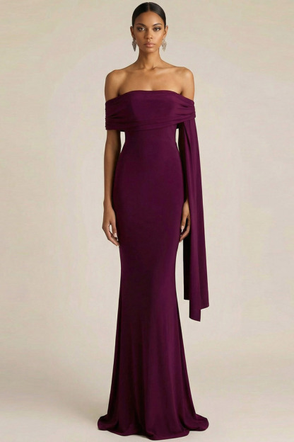 Purplish Red Formal Dress Mermaid Off the Shoulder Cape Chiffon Maxi Dress 