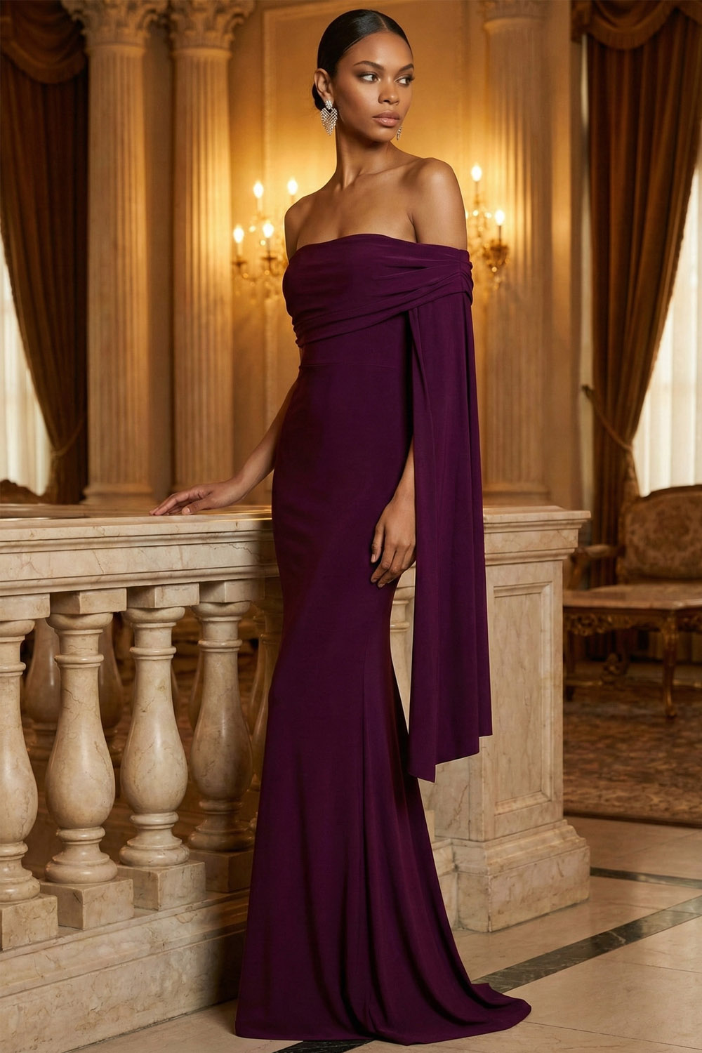 Purplish Red Formal Dress Mermaid Off the Shoulder Cape Chiffon Maxi Dress 