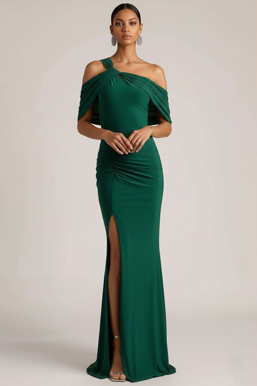 Dark Green Formal Dress One Shoulder Ruched Maxi Dress with Slit