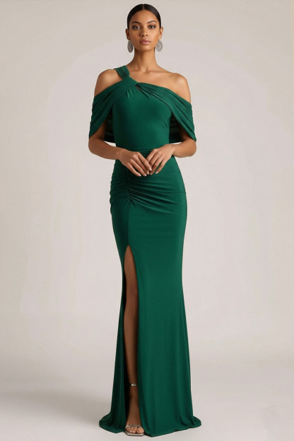 Dark Green Formal Dress One Shoulder Ruched Maxi Dress with Slit