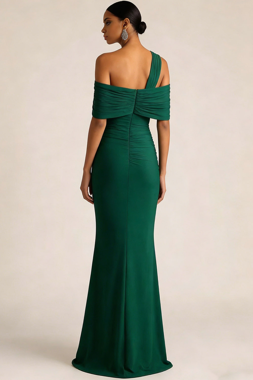 Dark Green Formal Dress One Shoulder Ruched Maxi Dress with Slit