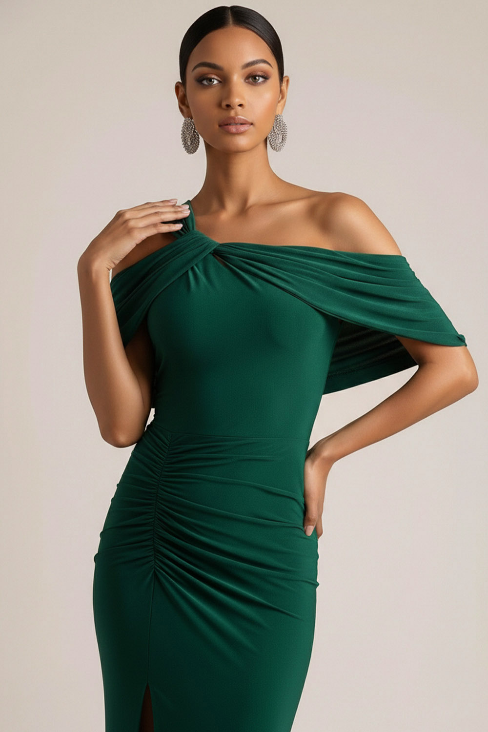 Dark Green Formal Dress One Shoulder Ruched Maxi Dress with Slit