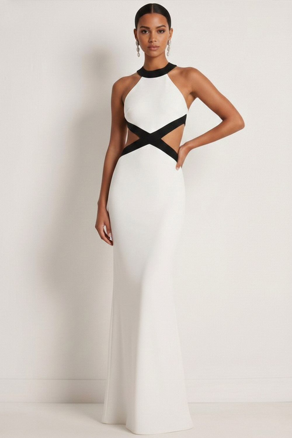 White Formal Evening Dress Sheath Halter Hollow Out Maxi Dress