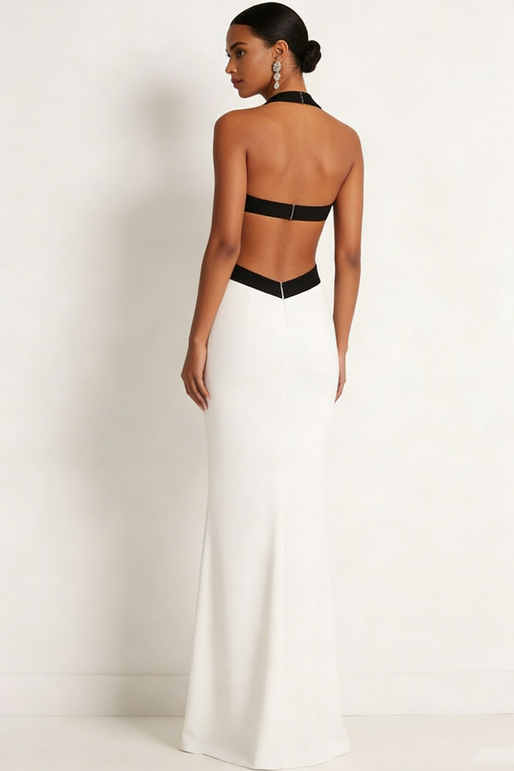 White Formal Evening Dress Sheath Halter Hollow Out Maxi Dress 