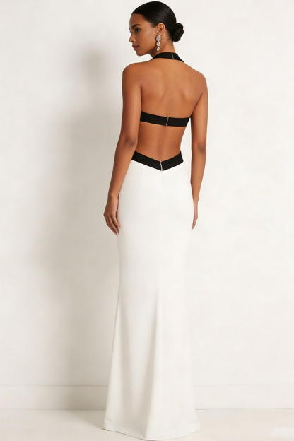 White Formal Evening Dress Sheath Halter Hollow Out Maxi Dress 