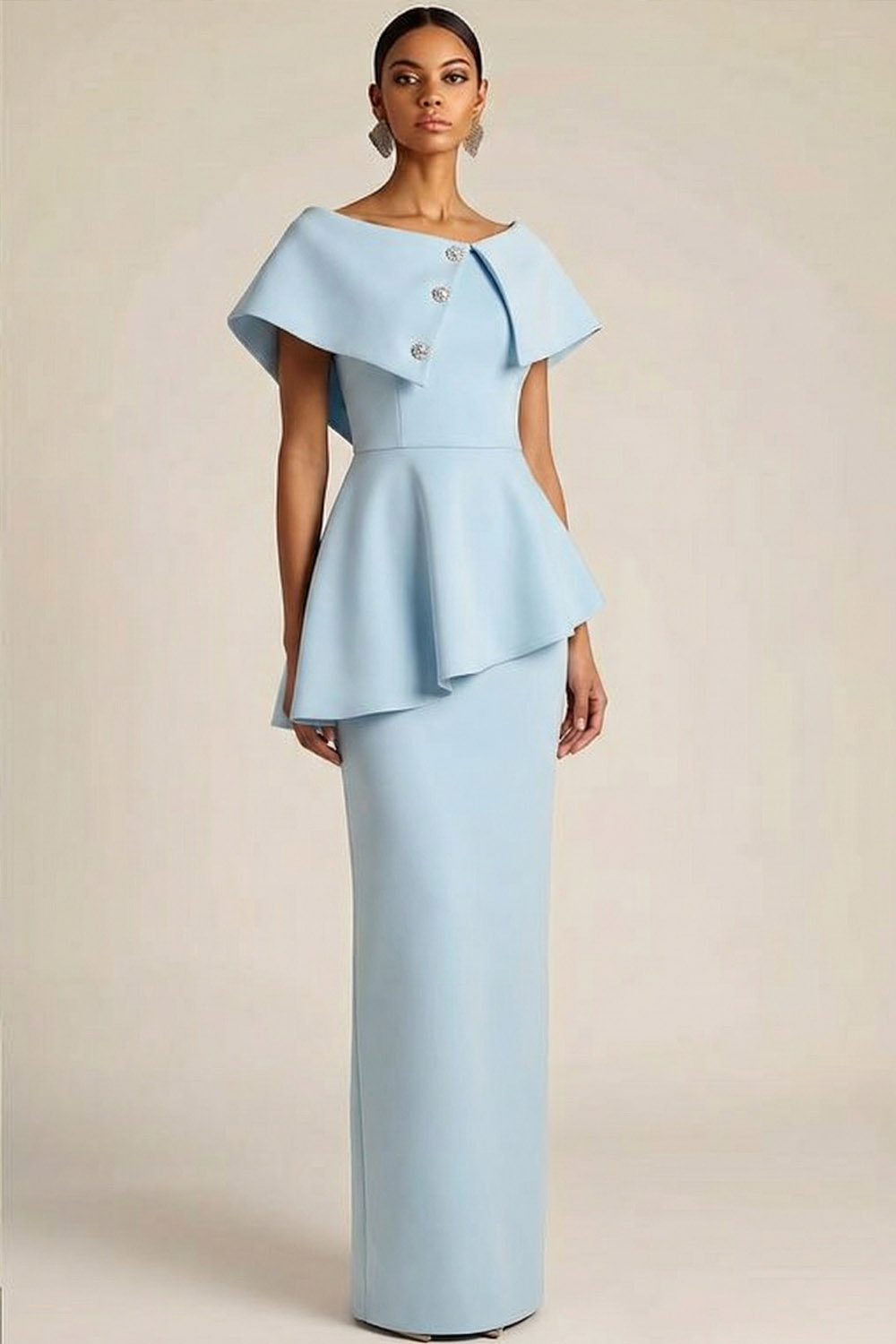 Sky Blue Formal Evening Dress Sheath Crew Neck Ruffle Maxi Dress