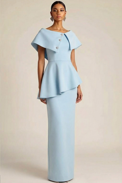 Sky Blue Formal Evening Dress Sheath Crew Neck Ruffle Maxi Dress