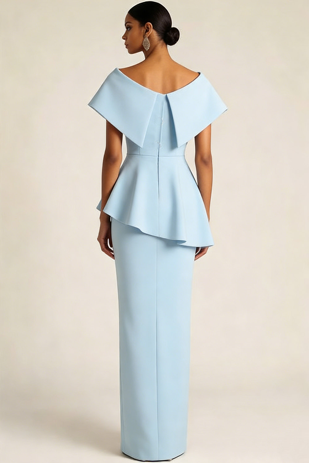 Sky Blue Formal Evening Dress Sheath Crew Neck Ruffle Maxi Dress