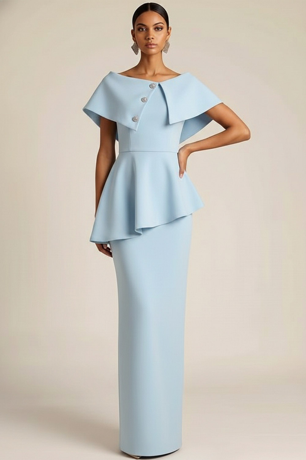 Sky Blue Formal Evening Dress Sheath Crew Neck Ruffle Maxi Dress