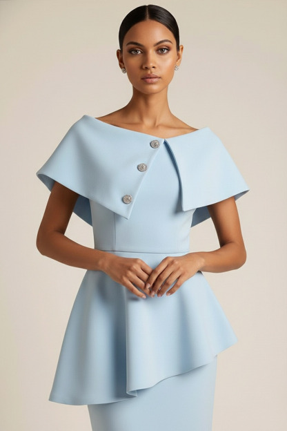 Sky Blue Formal Evening Dress Sheath Crew Neck Ruffle Maxi Dress