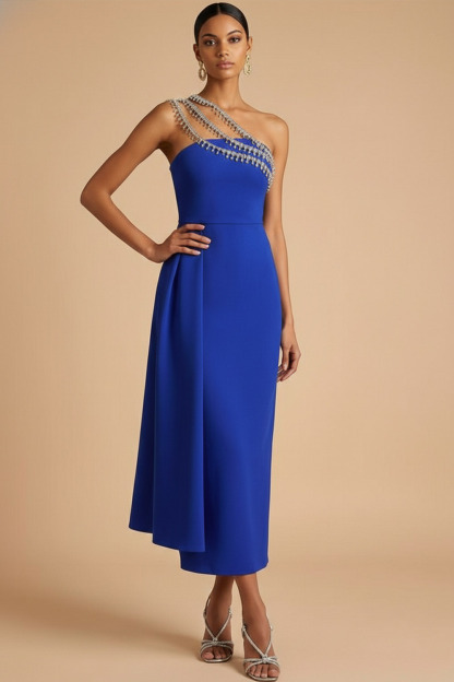 Royal Blue Formal Evening Dress Sheath One Shoulder Cape Maxi Dress
