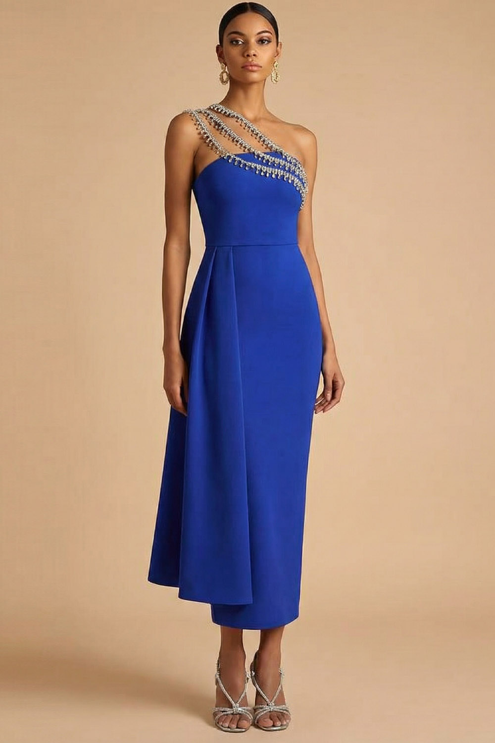 Royal Blue Formal Evening Dress Sheath One Shoulder Cape Maxi Dress
