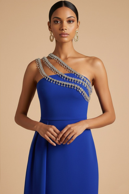 Royal Blue Formal Evening Dress Sheath One Shoulder Cape Maxi Dress